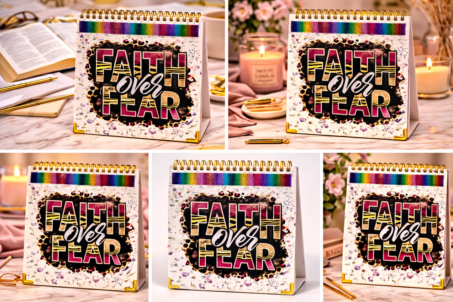 "Faith Over Fear" Spiral Sketchbook — Wildflower & Leopard Print with Rainbow Bling