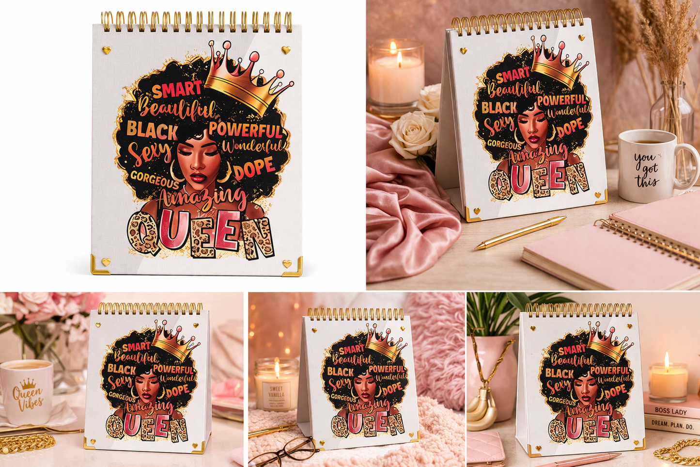 "Amazing Queen" Affirmation Spiral Sketchbook — Leopard & Gold