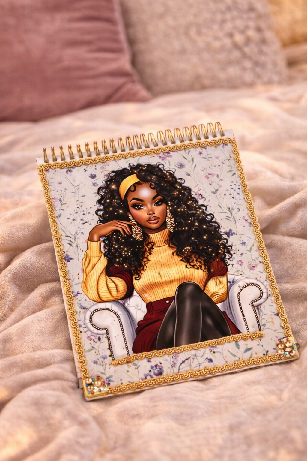 "Champagne & Curls" Spiral Sketchbook — Gold Braid Trim with Pearl Accents