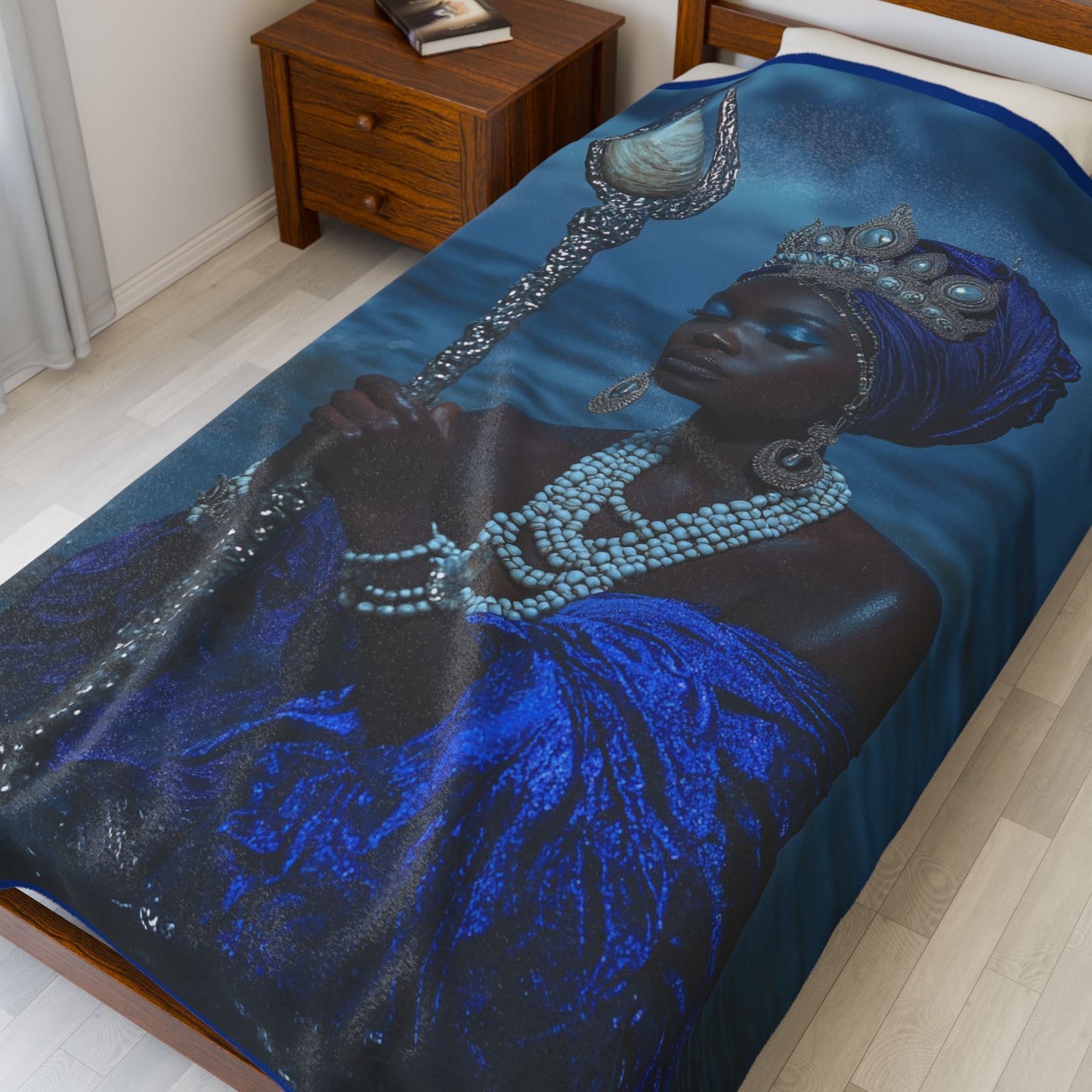 Yemaya Regal Ocean Queen Velveteen Plush Blanket — Luxurious Blue Goddess Throw