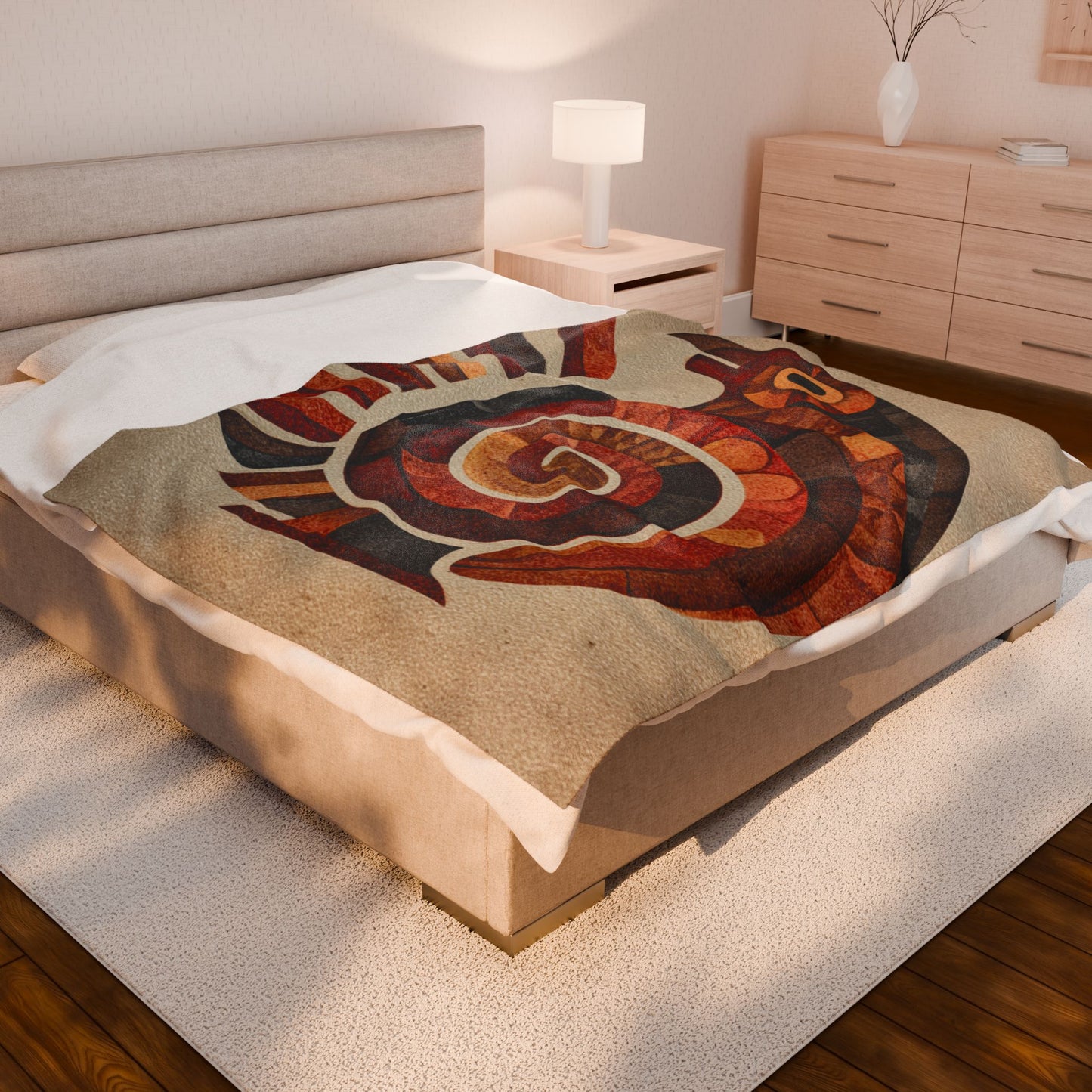 Sankofa Velveteen Plush Blanket — Rustic Tribal Bird Spiral Design, Cozy Boho Throw for Living Room & Gifts