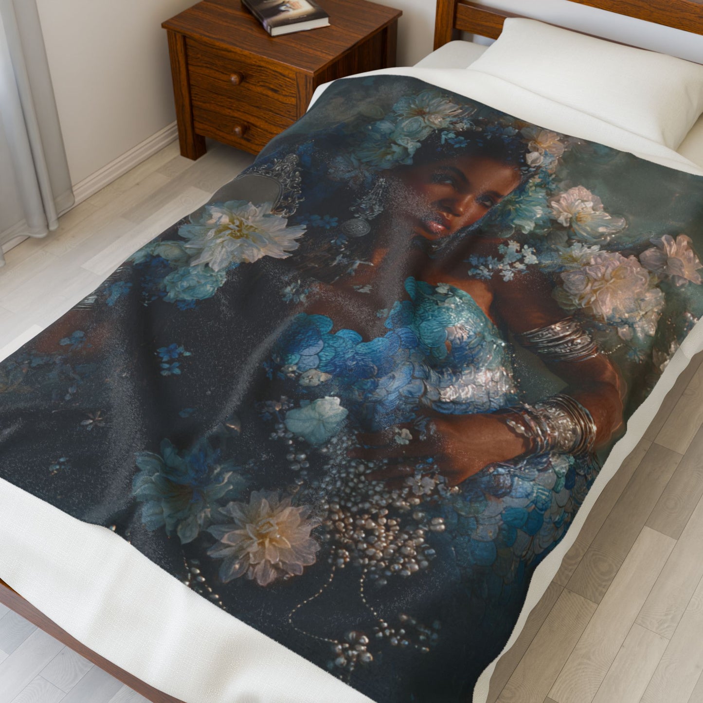 Mermaid/Yemaya Velveteen Plush Blanket — Dreamy Floral Muse Art Throw