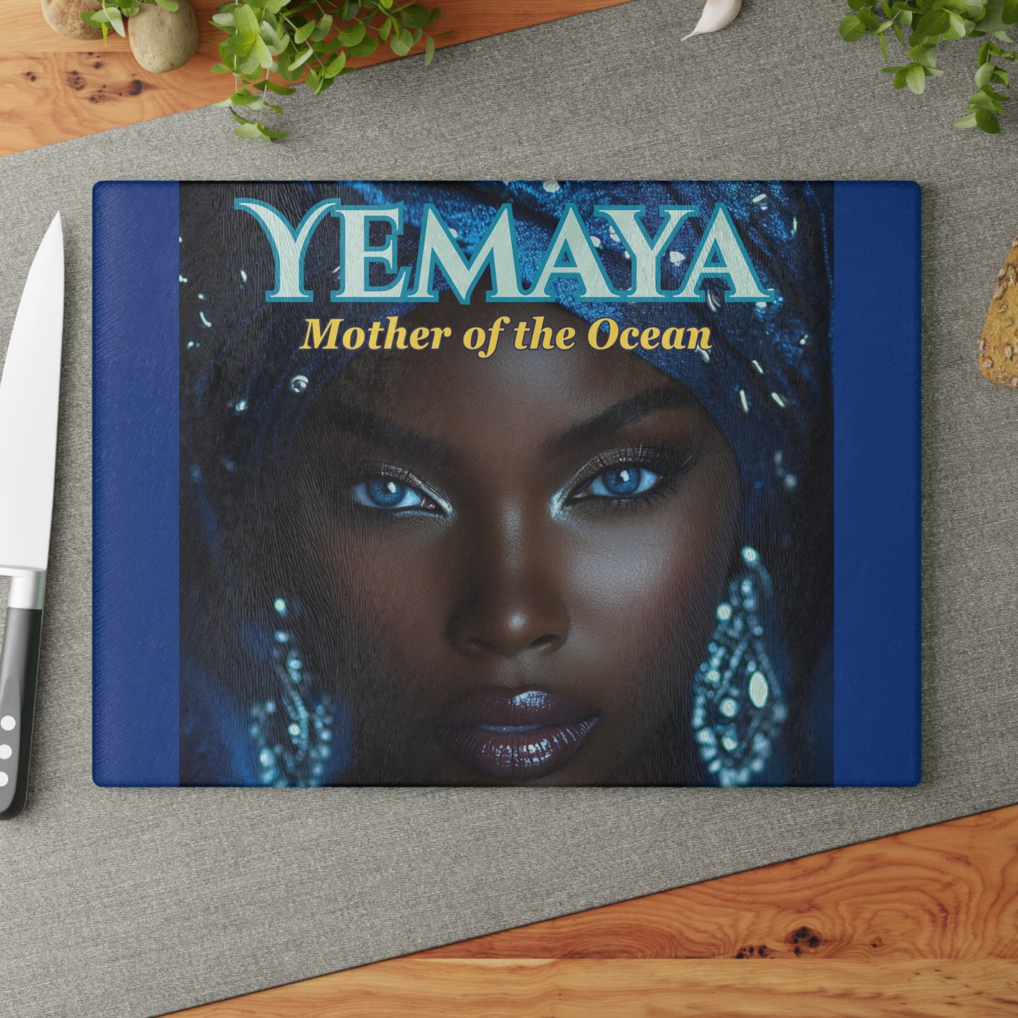 Yemaya Elegant Glass Cutting Board — Ocean Goddess Kitchen Decor