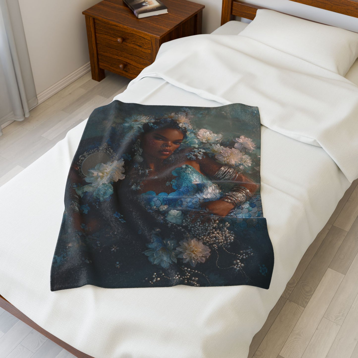 Mermaid/Yemaya Velveteen Plush Blanket — Dreamy Floral Muse Art Throw