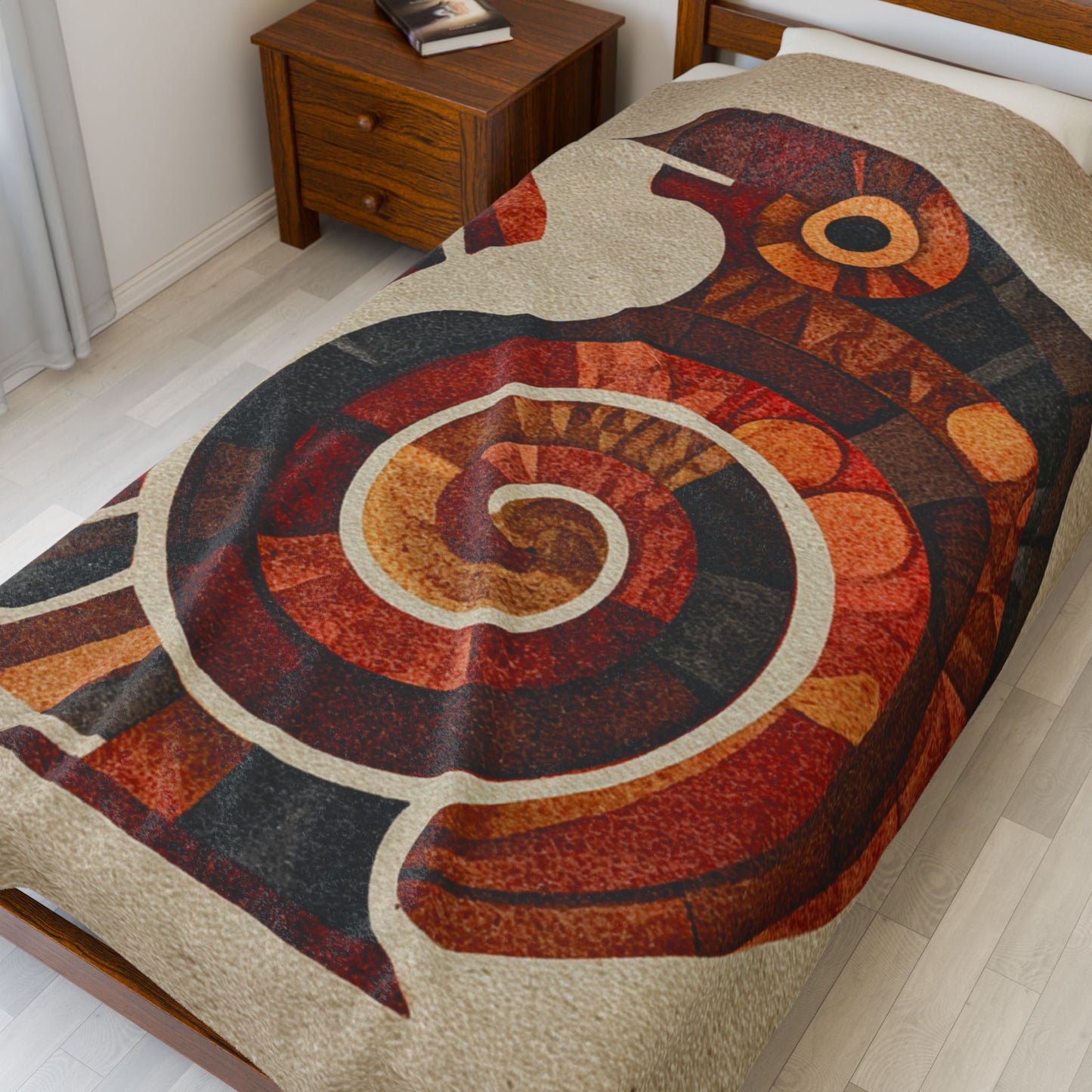 Sankofa Velveteen Plush Blanket — Rustic Tribal Bird Spiral Design, Cozy Boho Throw for Living Room & Gifts