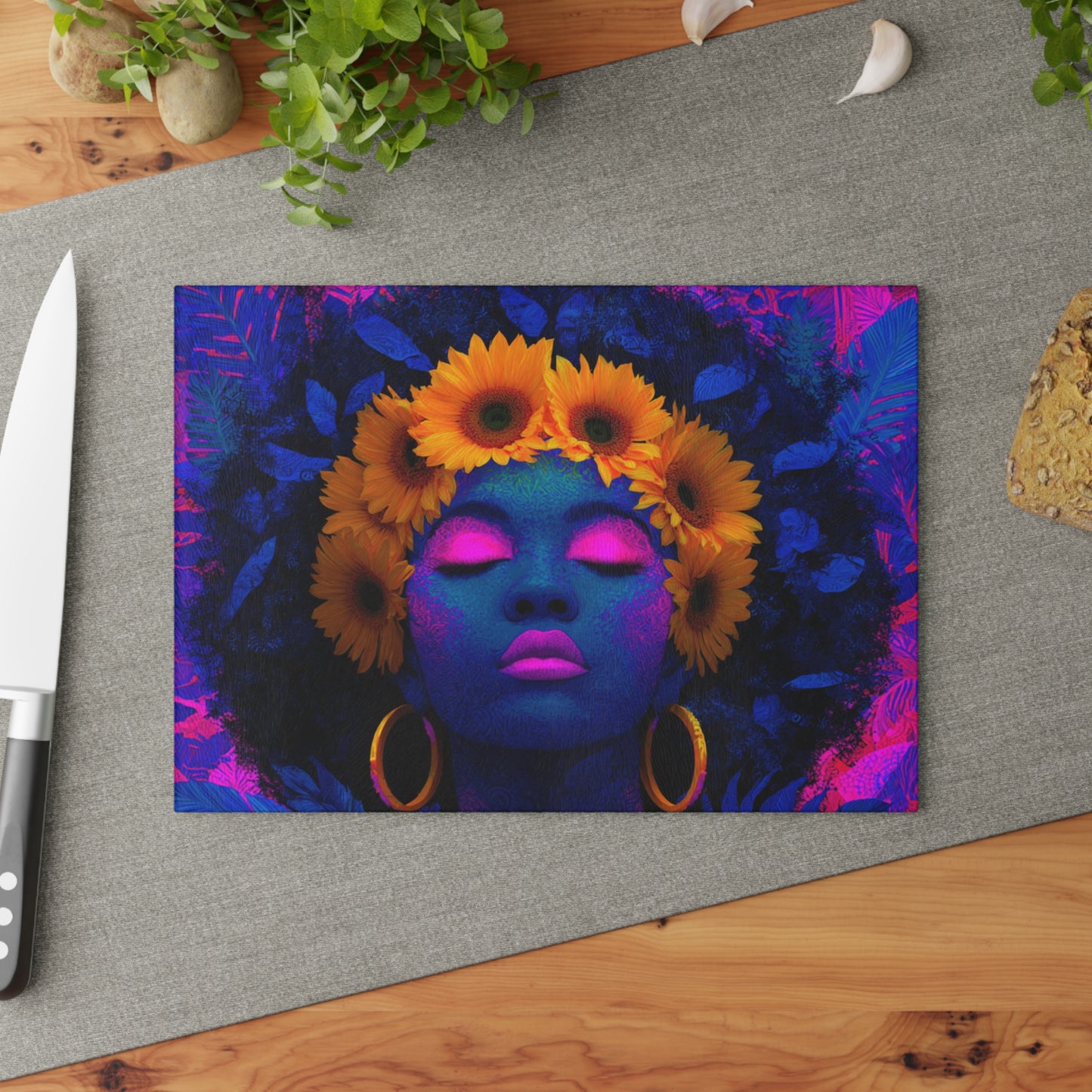 Vibrant Floral Cutting Board with Afro Art - Kitchen Decor, Gift for Her, Home Cooking, Unique Gift, Housewarming