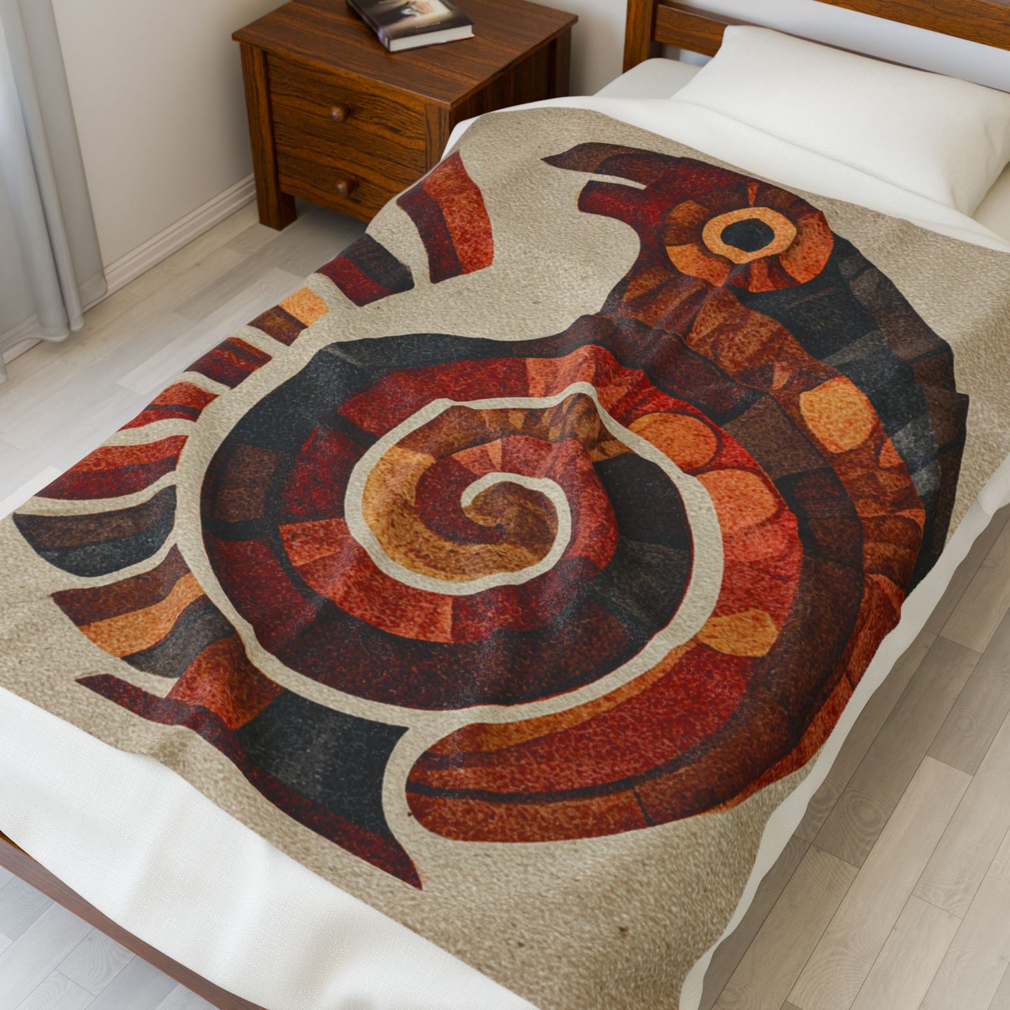Sankofa Velveteen Plush Blanket — Rustic Tribal Bird Spiral Design, Cozy Boho Throw for Living Room & Gifts