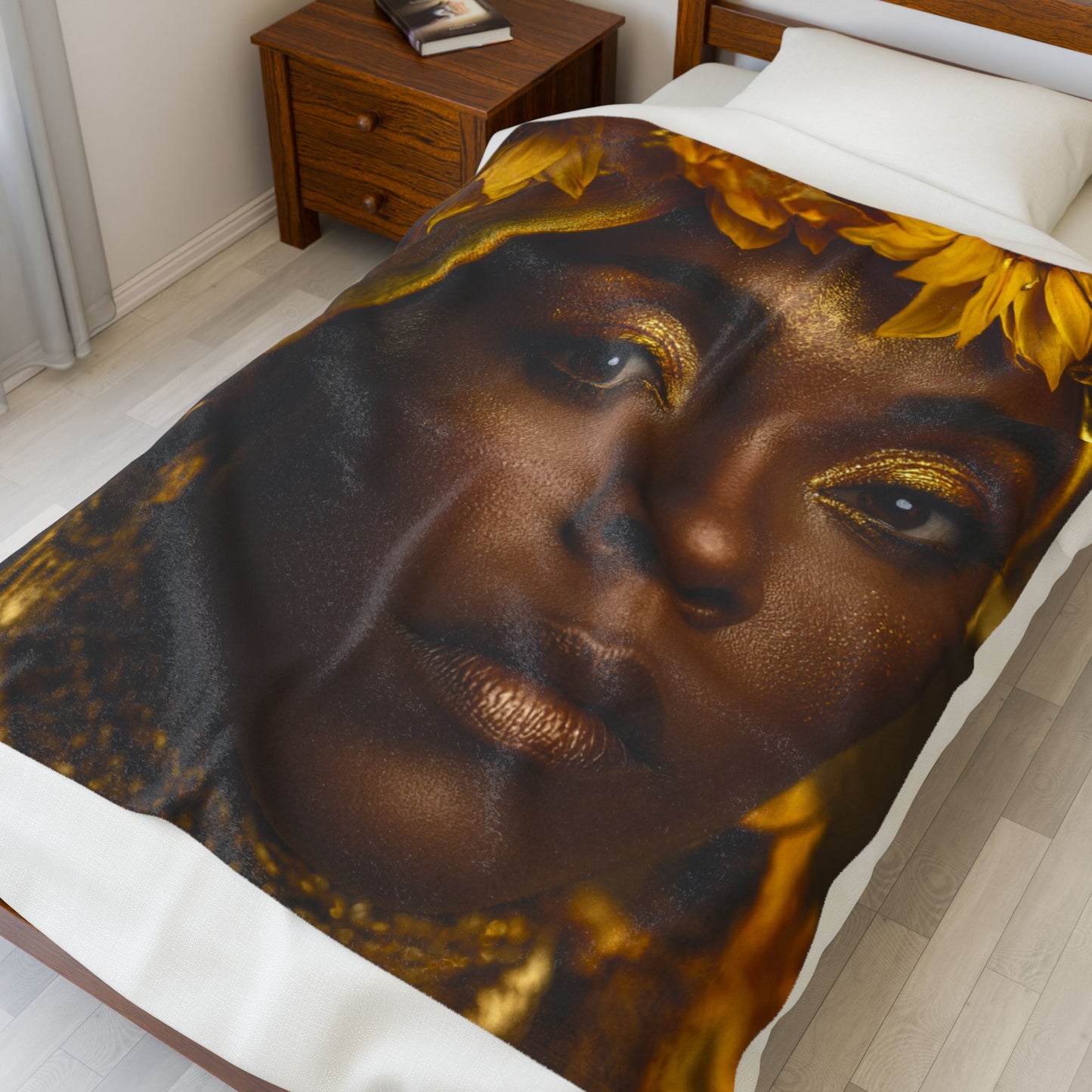 Oshun Velveteen Plush Blanket — Golden Goddess Portrait Throw