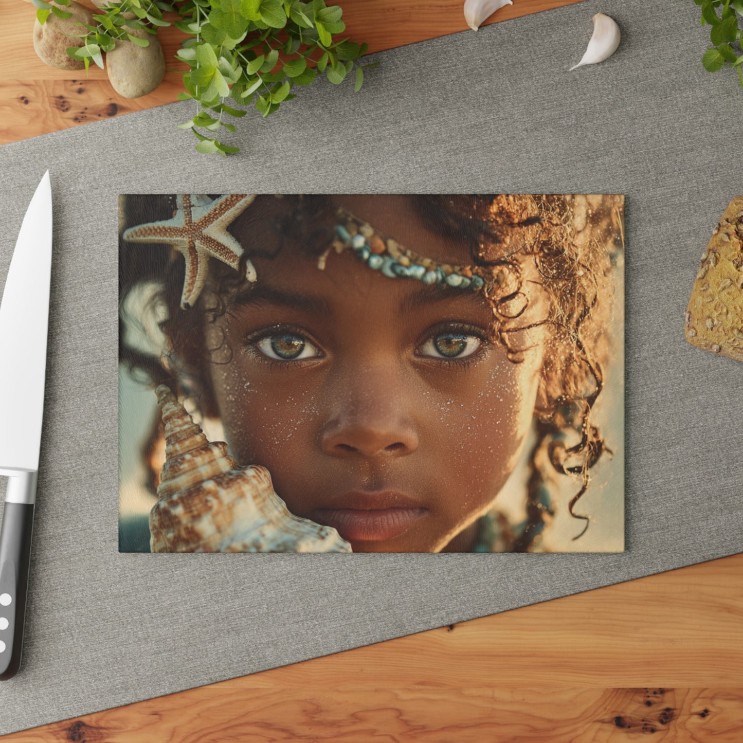 Yemaya Seashell Glass Cutting Board — Ocean-Inspired Sea Shell Girl Design