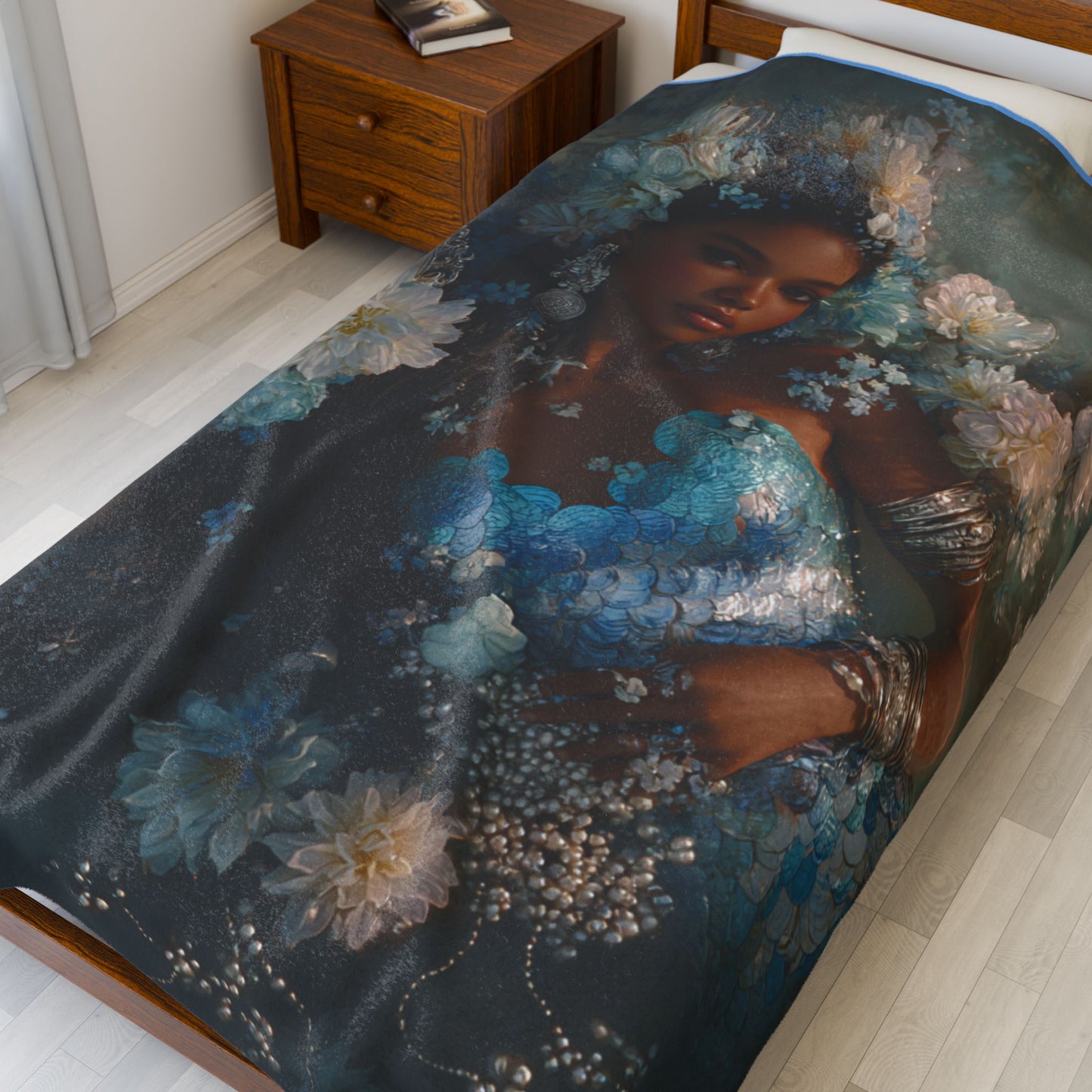 Mermaid/Yemaya Velveteen Plush Blanket — Dreamy Floral Muse Art Throw