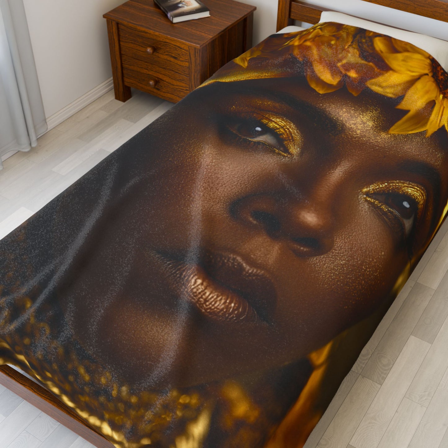 Oshun Velveteen Plush Blanket — Golden Goddess Portrait Throw