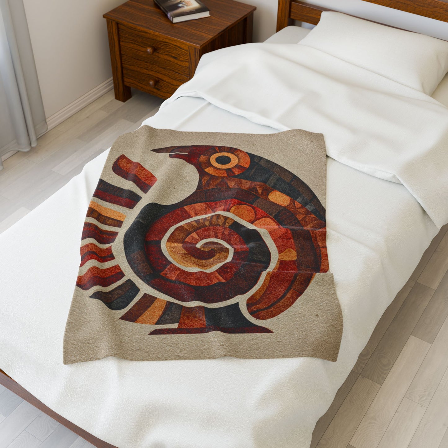 Sankofa Velveteen Plush Blanket — Rustic Tribal Bird Spiral Design, Cozy Boho Throw for Living Room & Gifts
