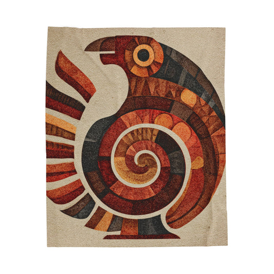 Sankofa Velveteen Plush Blanket — Rustic Tribal Bird Spiral Design, Cozy Boho Throw for Living Room & Gifts