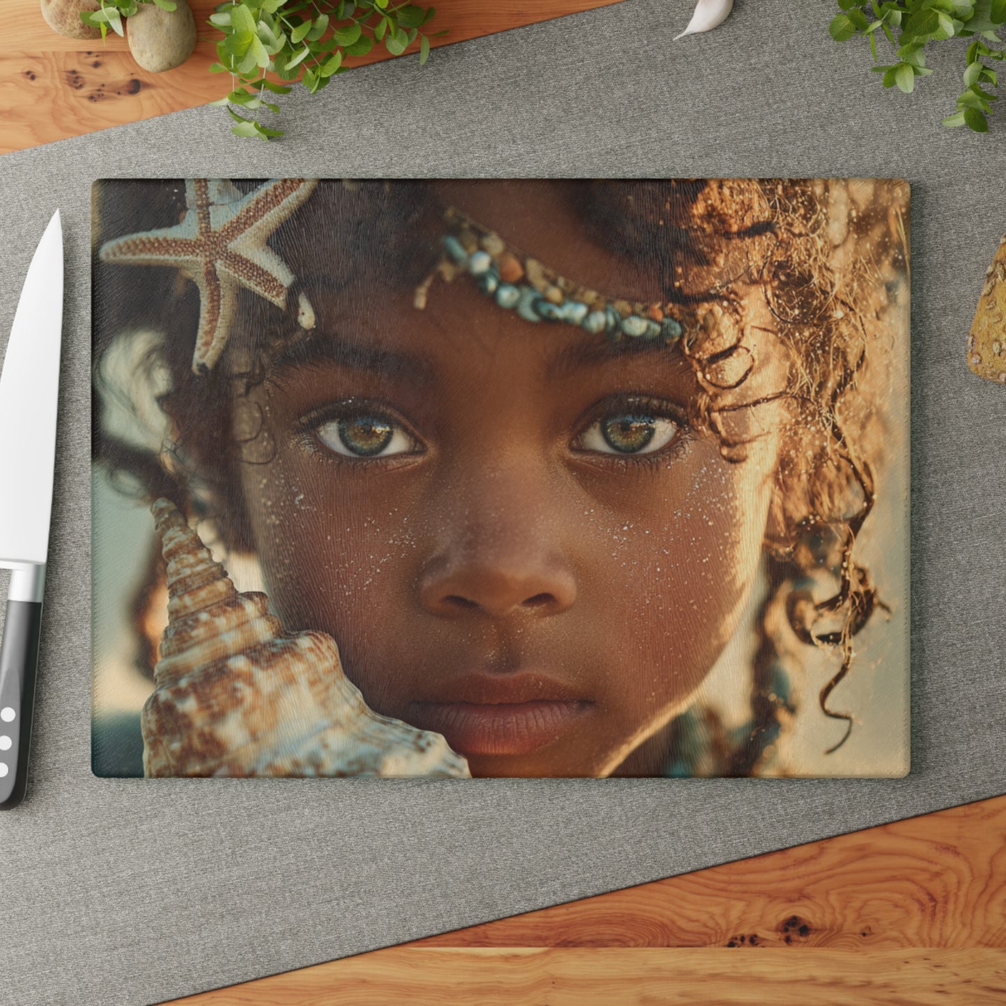 Yemaya Seashell Glass Cutting Board — Ocean-Inspired Sea Shell Girl Design