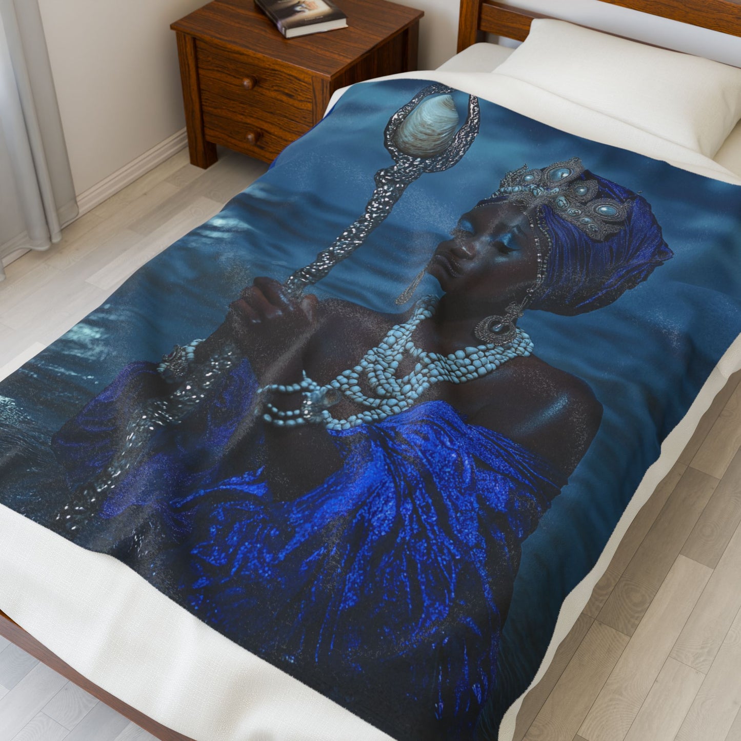 Yemaya Regal Ocean Queen Velveteen Plush Blanket — Luxurious Blue Goddess Throw