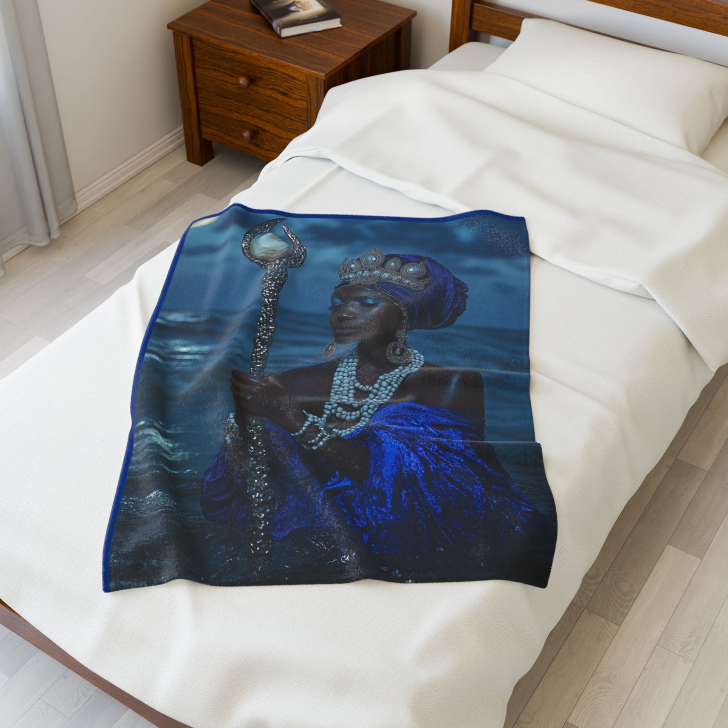 Yemaya Regal Ocean Queen Velveteen Plush Blanket — Luxurious Blue Goddess Throw