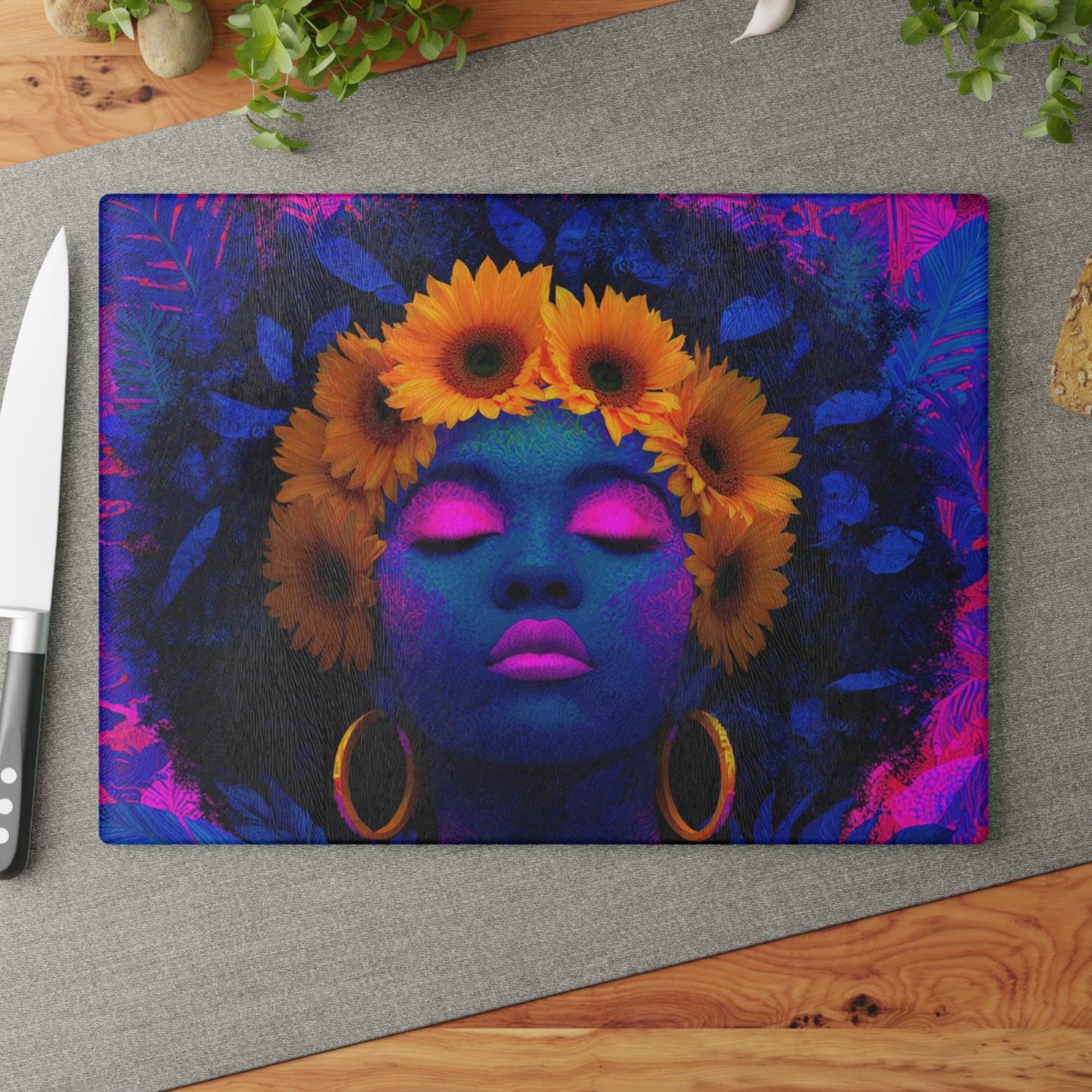 Vibrant Floral Cutting Board with Afro Art - Kitchen Decor, Gift for Her, Home Cooking, Unique Gift, Housewarming