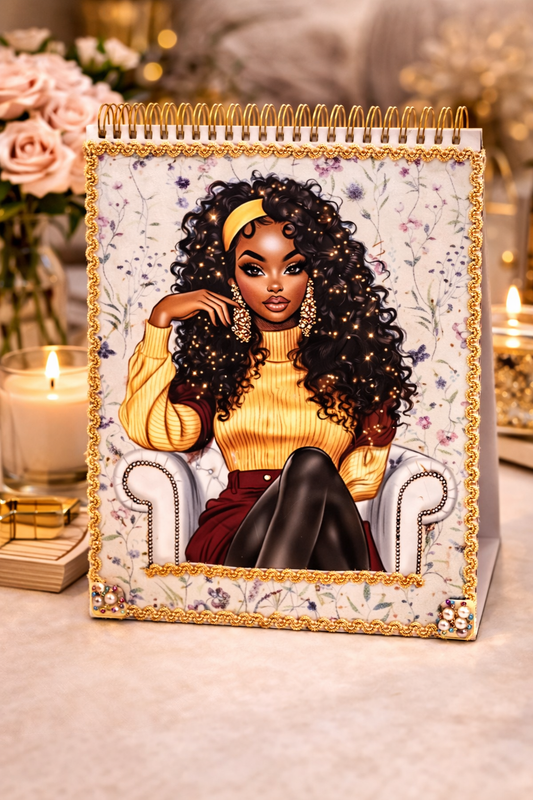 "Champagne & Curls" Spiral Sketchbook — Gold Braid Trim with Pearl Accents