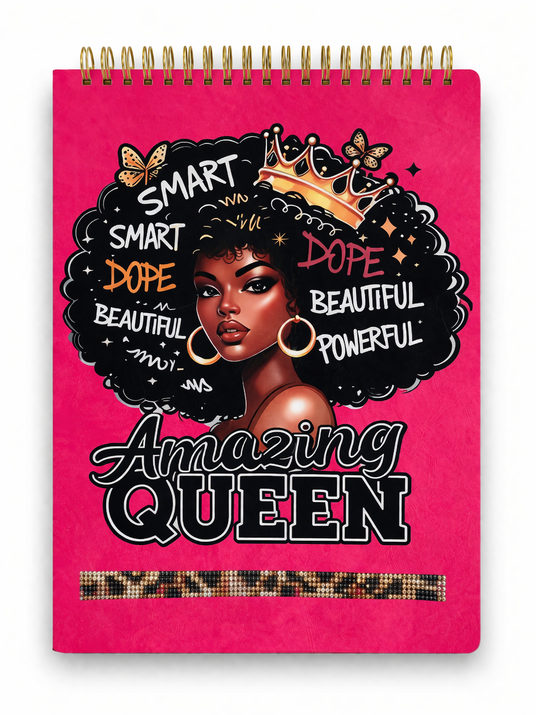 "Amazing Queen" Affirmation Sketchbook — Reddish Pink with Rhinestone Bling Description: