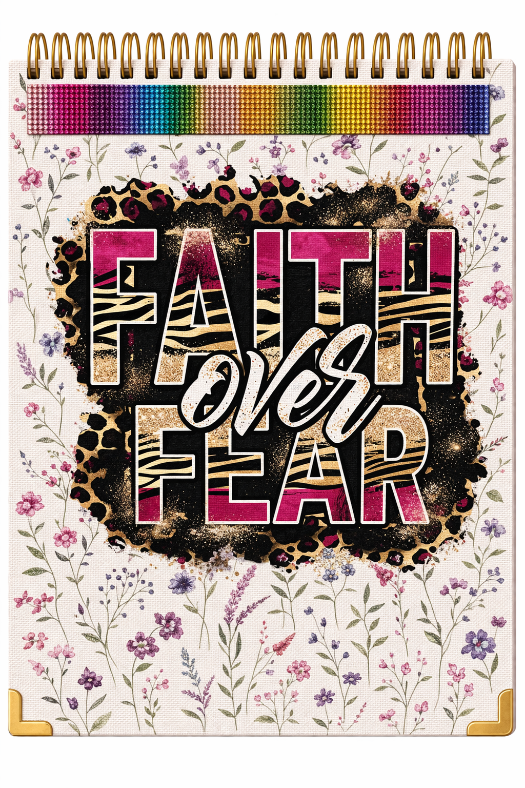 "Faith Over Fear" Spiral Sketchbook — Wildflower & Leopard Print with Rainbow Bling