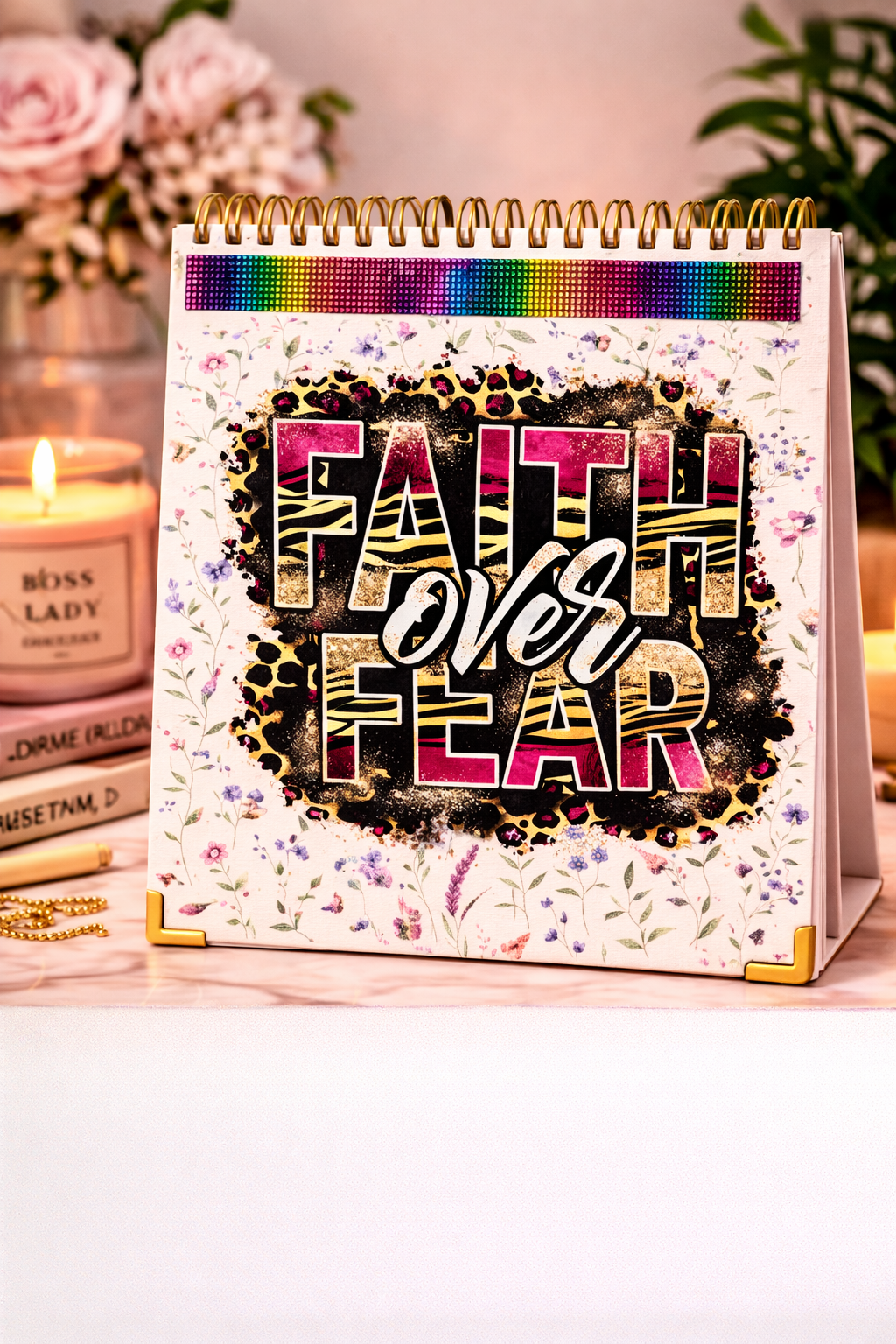 "Faith Over Fear" Spiral Sketchbook — Wildflower & Leopard Print with Rainbow Bling