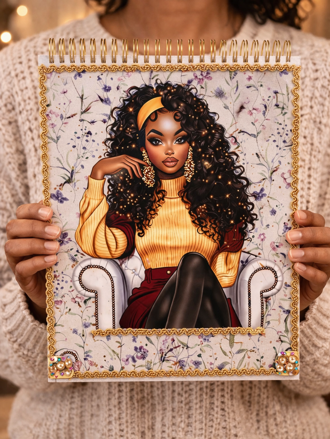 "Champagne & Curls" Spiral Sketchbook — Gold Braid Trim with Pearl Accents