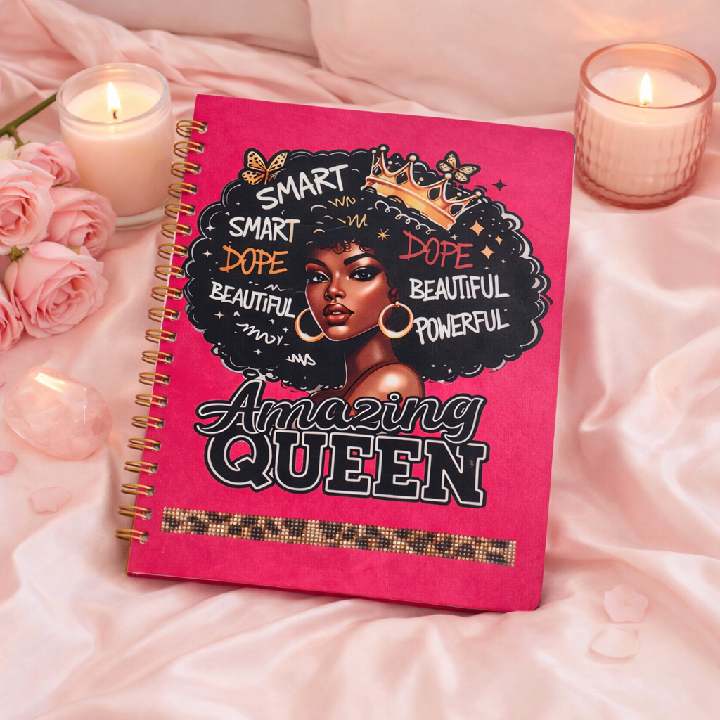 "Amazing Queen" Affirmation Sketchbook — Reddish Pink with Rhinestone Bling Description: