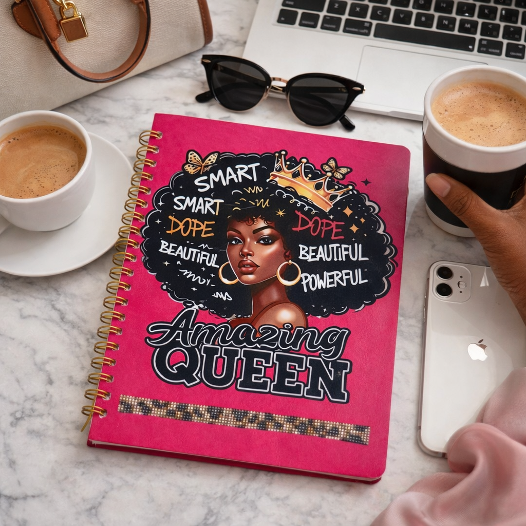 "Amazing Queen" Affirmation Sketchbook — Reddish Pink with Rhinestone Bling Description: