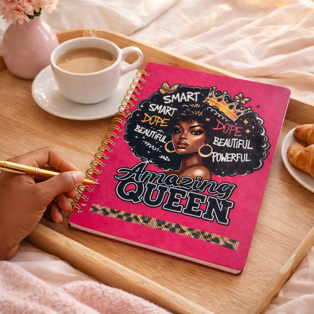 "Amazing Queen" Affirmation Sketchbook — Reddish Pink with Rhinestone Bling Description: